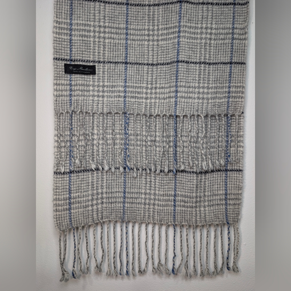 Enzo Mantovani Gray Blue Unisex 100% Cashmere Plaid Scarf Neutral Winter Fall - Picture 4 of 6